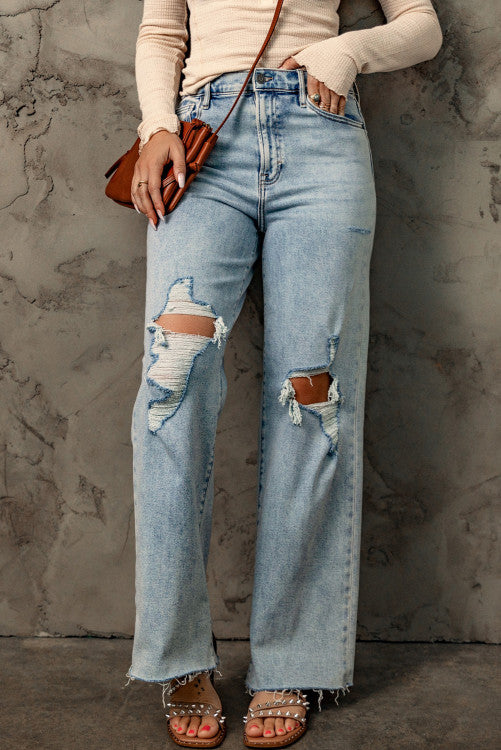 Sky Blue Distressed Frayed Hem Holed Straight Leg Loose