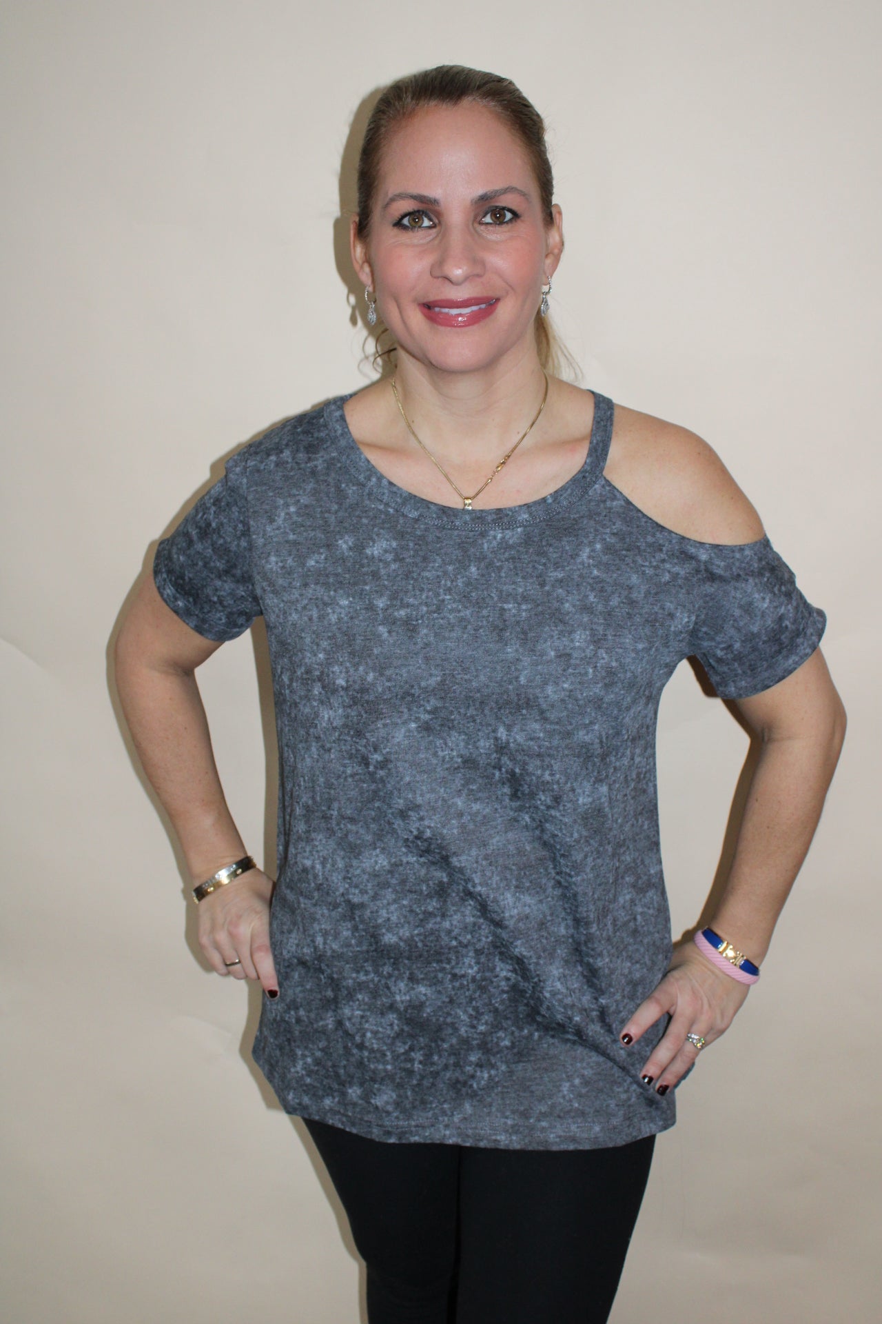 Gray Cut Out Shoulder Distressed T-Shirt