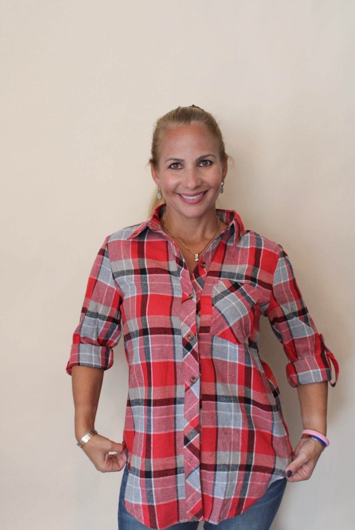 Red Plaid Button Down Top