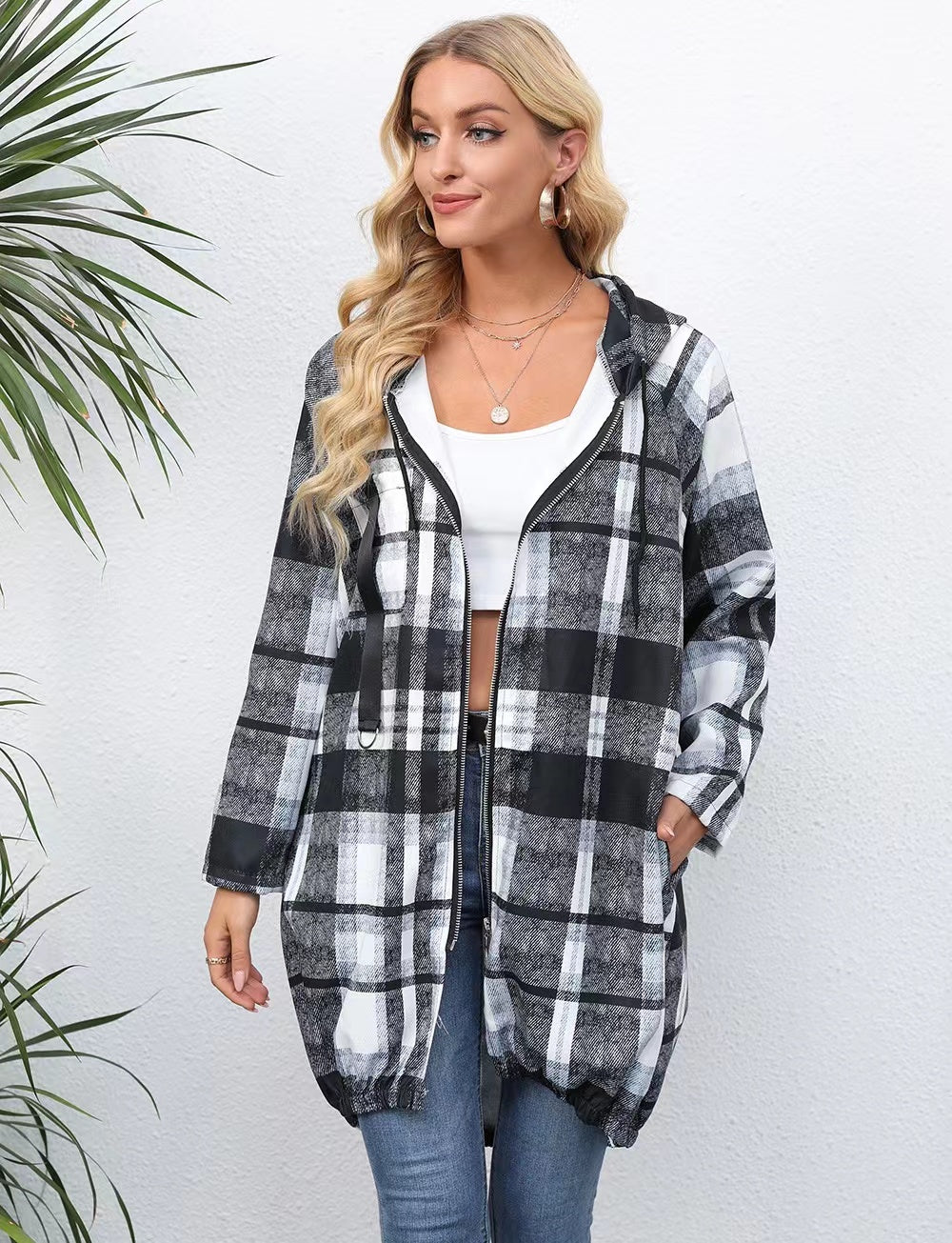 Plaid Zipper Down Jacket