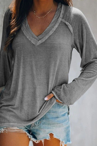 Solid color V neck long sleeve top