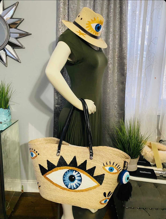 Hand painted  evil eye tote and hay