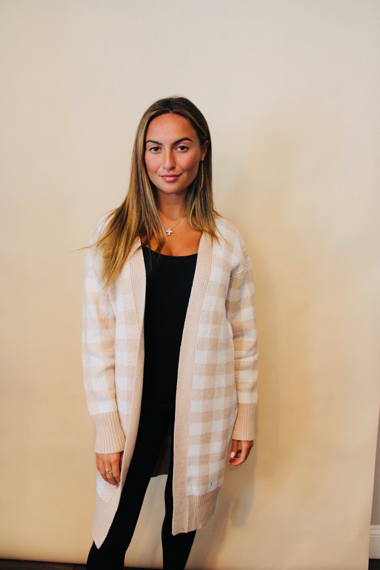 Khaki Open Front Plaid Long Cardigan