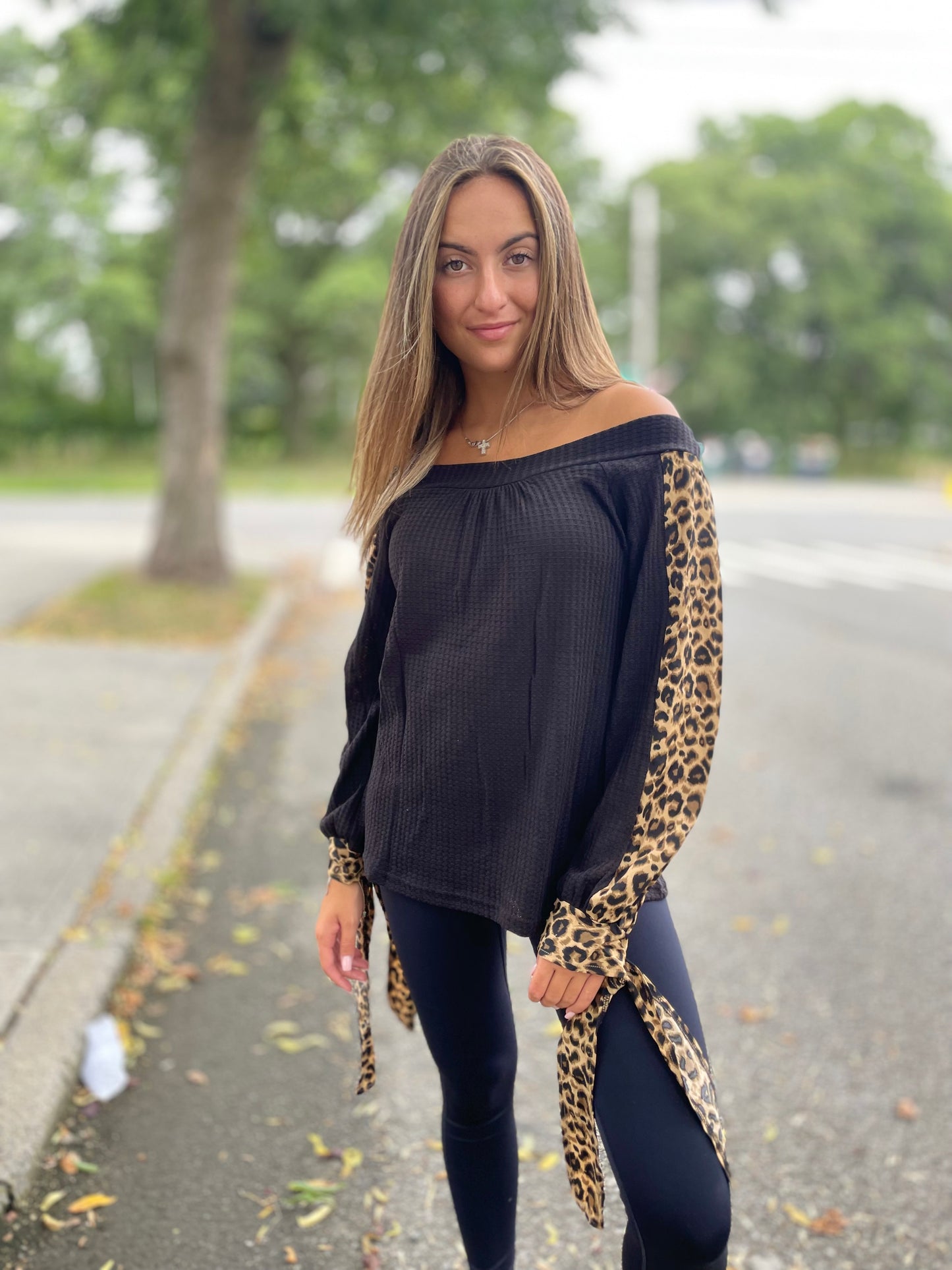 Leopard Sleeve Tie Sleeve Top
