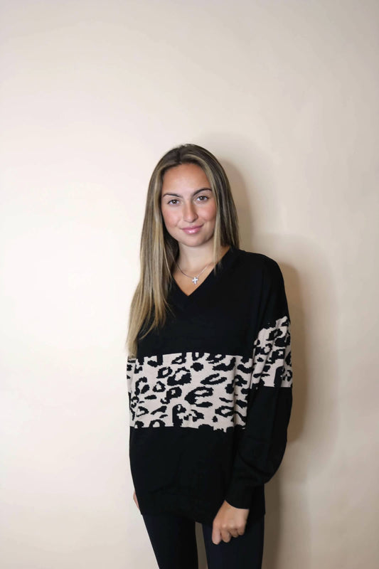 Black Leopard V-Neck Sweater