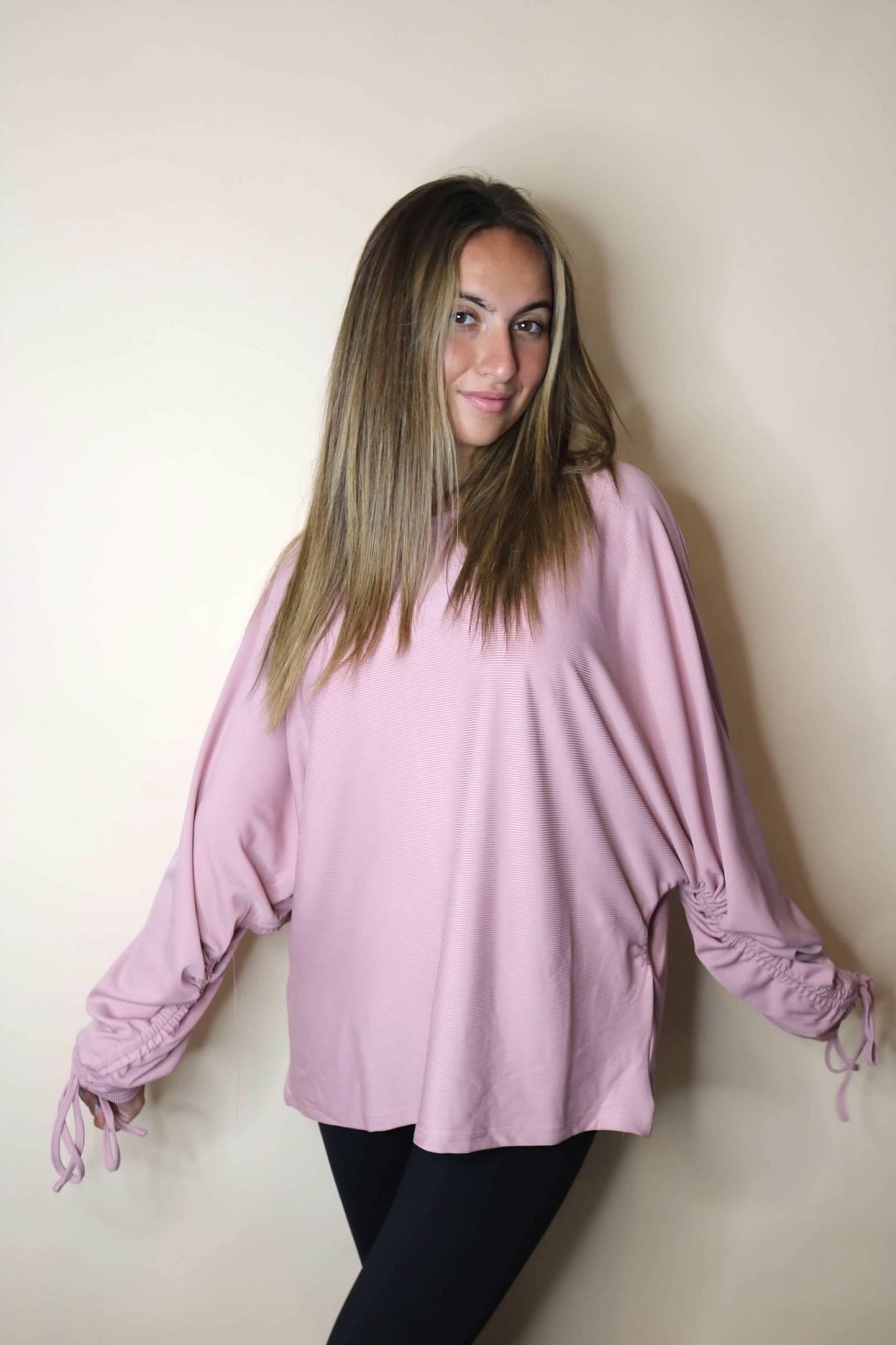 Drawstring Sleeve Pink Top