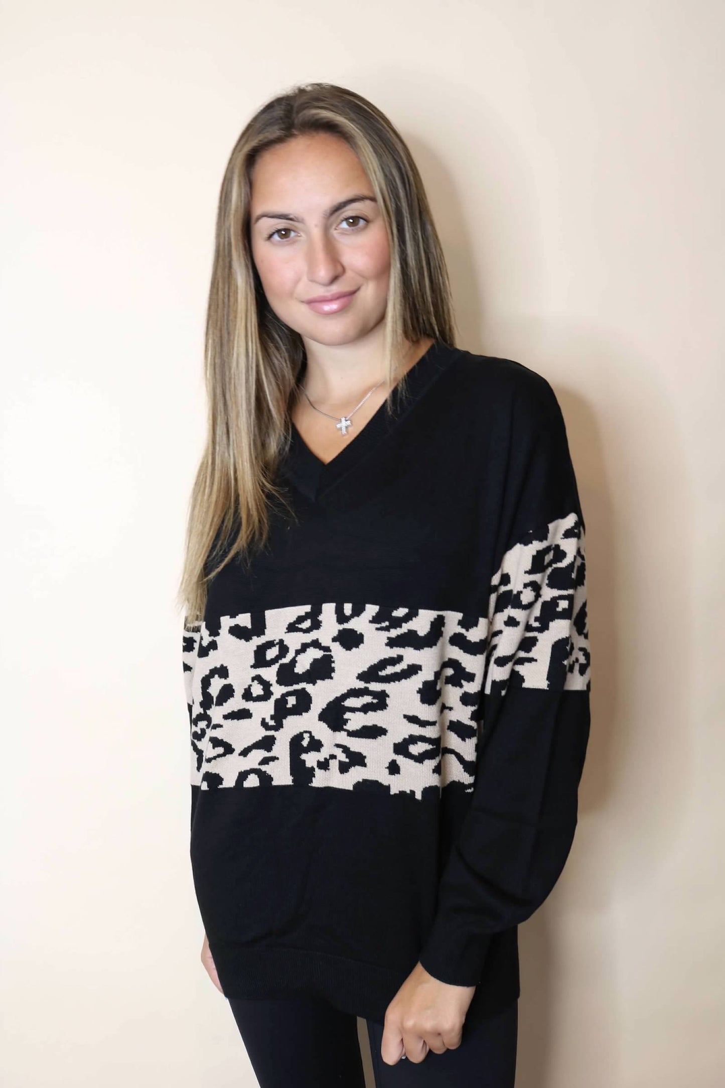 Black Leopard V-Neck Sweater