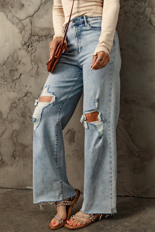 Sky Blue Distressed Frayed Hem Holed Straight Leg Loose