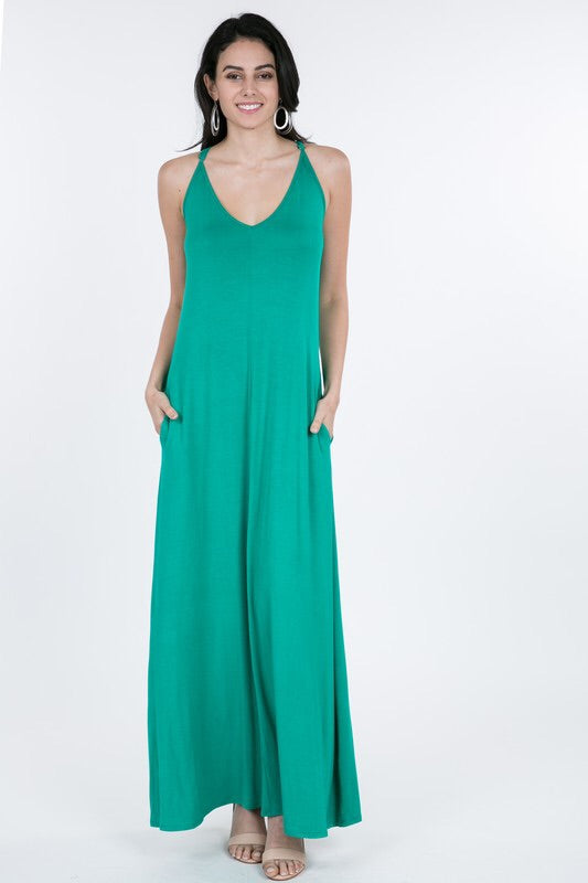 Spaghetti Strap Sleeveless V-Neck Maxi Dress P1215 - KELLY GREEN. Spaghetti Strap Sleeveless V-Neck Maxi Dress Fabric