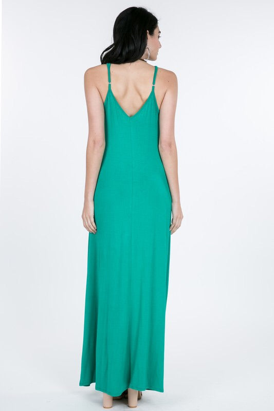 Spaghetti Strap Sleeveless V-Neck Maxi Dress P1215 - KELLY GREEN. Spaghetti Strap Sleeveless V-Neck Maxi Dress Fabric