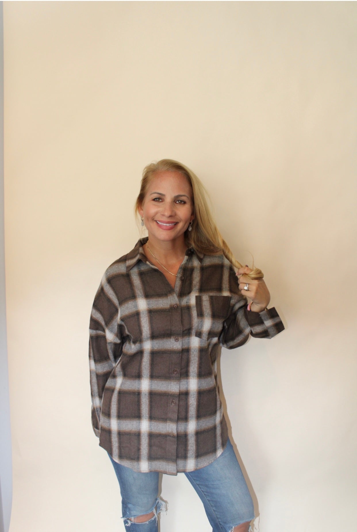 Brown Plaid Button Down Top