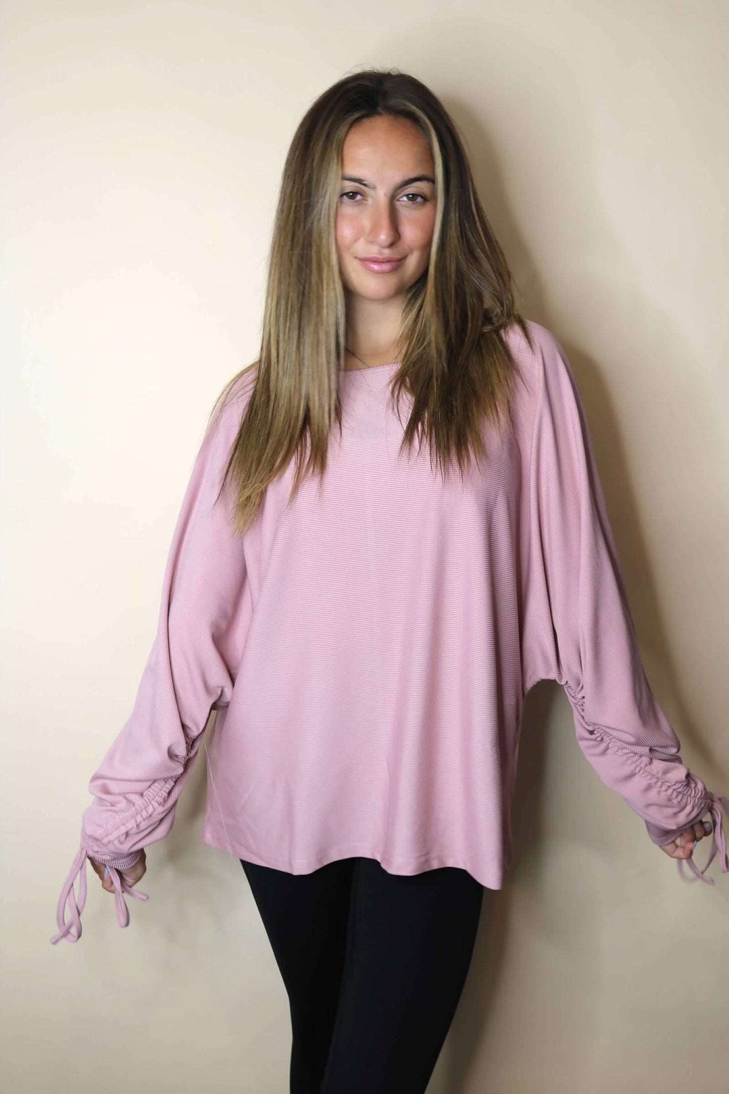 Drawstring Sleeve Pink Top