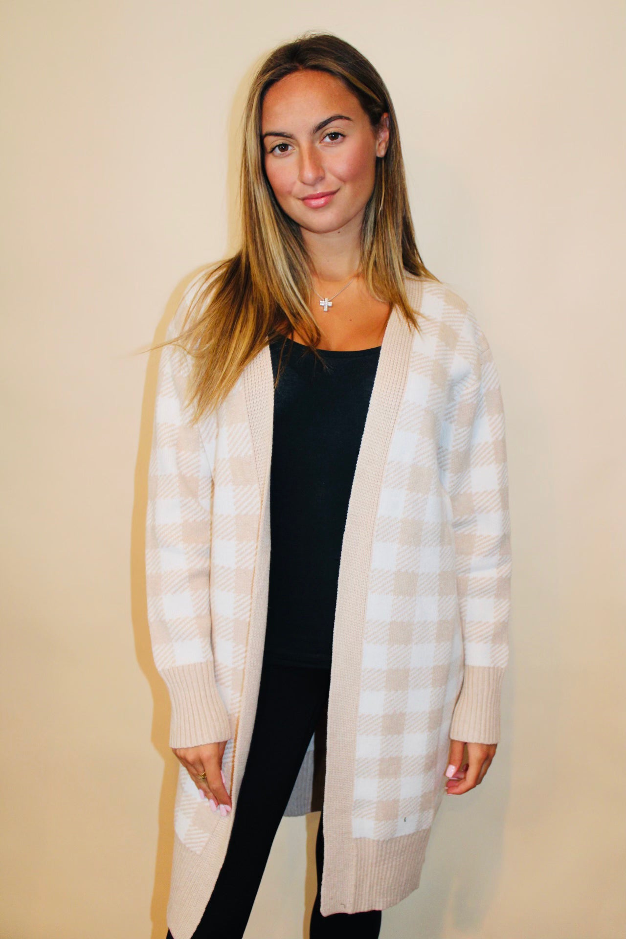 Khaki Open Front Plaid Long Cardigan